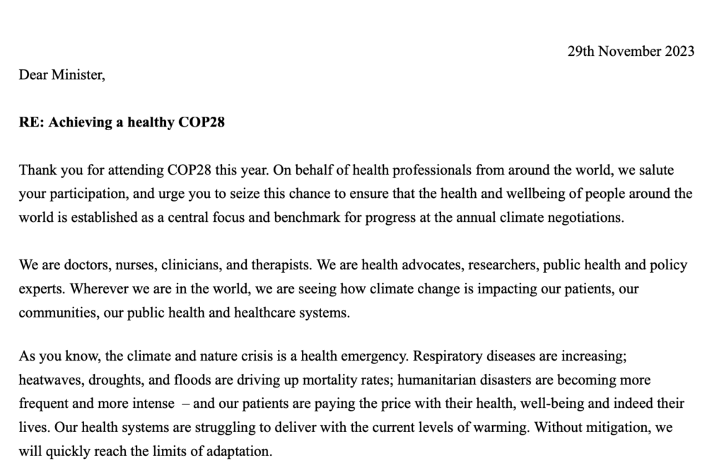 Letter to Health Ministers, COP28