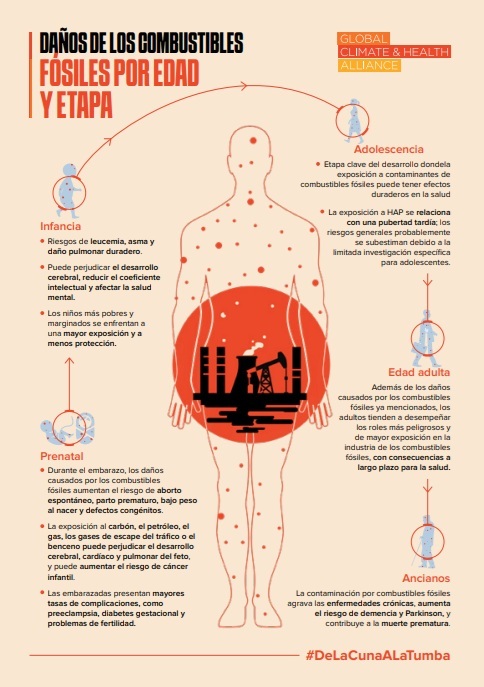 Poster displaying fossil fuel harms by age and stage